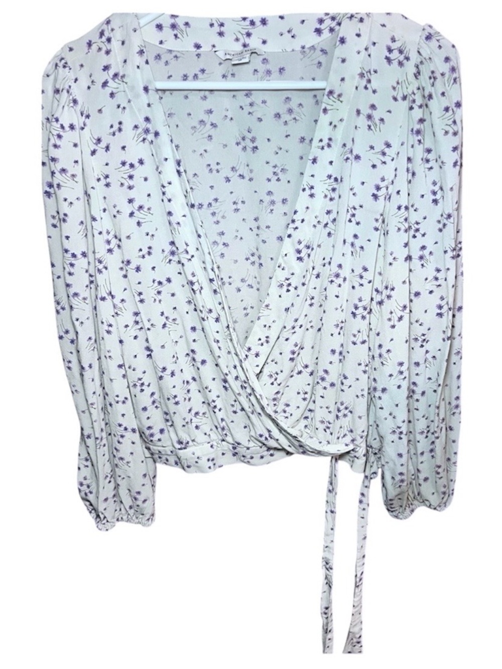 American Eagle Outfitters Cream Wrap Top with Purple Floral Print